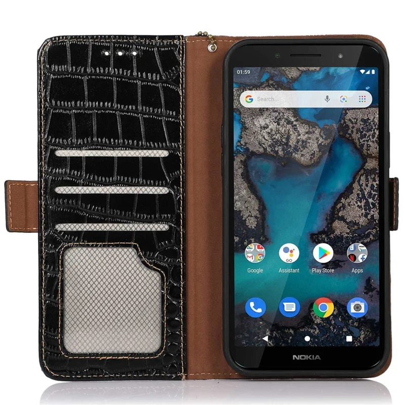 For Nokia G22 RFID Blocking Wallet Phone Case Crocodile Texture Genuine Cow Leather Stand Cover - Black
