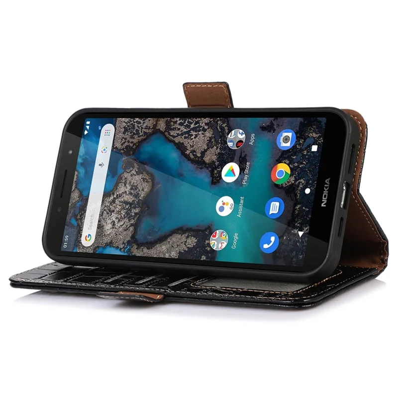 For Nokia G22 RFID Blocking Wallet Phone Case Crocodile Texture Genuine Cow Leather Stand Cover - Black