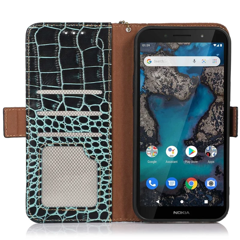 For Nokia G22 RFID Blocking Wallet Phone Case Crocodile Texture Genuine Cow Leather Stand Cover - Green