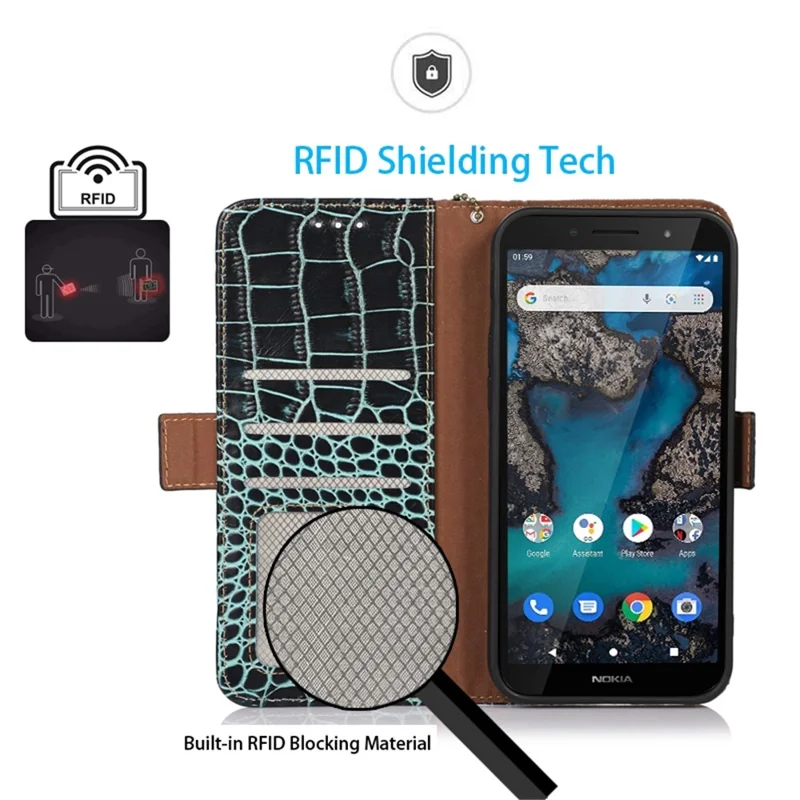 For Nokia G22 RFID Blocking Wallet Phone Case Crocodile Texture Genuine Cow Leather Stand Cover - Green