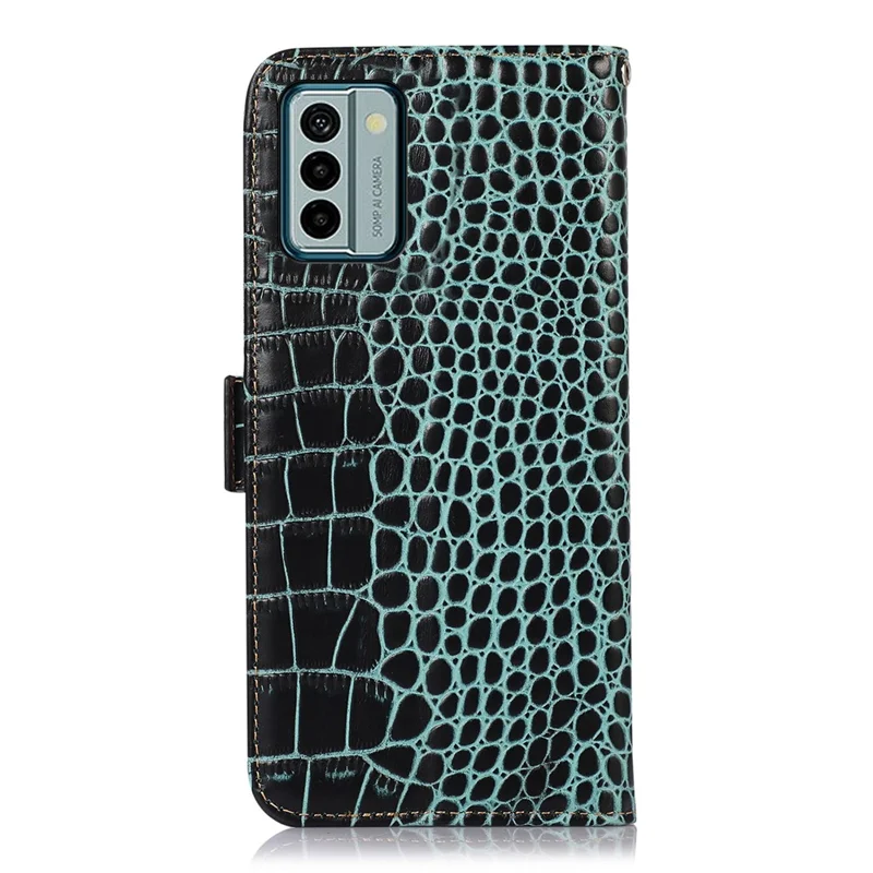For Nokia G22 RFID Blocking Wallet Phone Case Crocodile Texture Genuine Cow Leather Stand Cover - Green