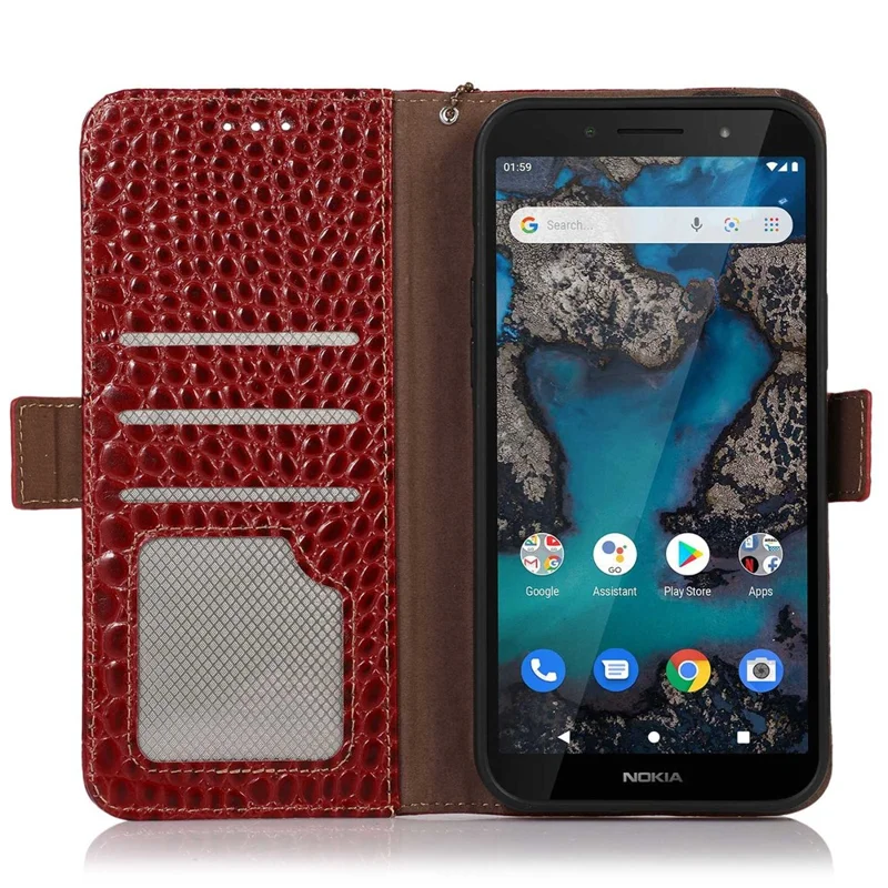 Pour Nokia G22 RFID Blocking Wallet Phone Case Crocodile Texture Genuine Cow Leather Stand Cover - Red