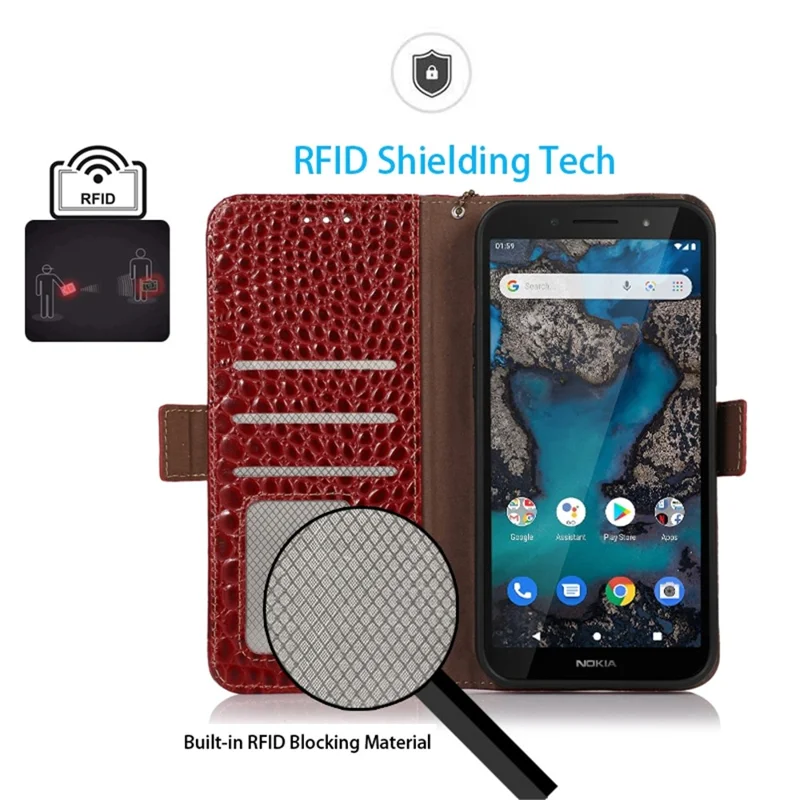 Pour Nokia G22 RFID Blocking Wallet Phone Case Crocodile Texture Genuine Cow Leather Stand Cover - Red