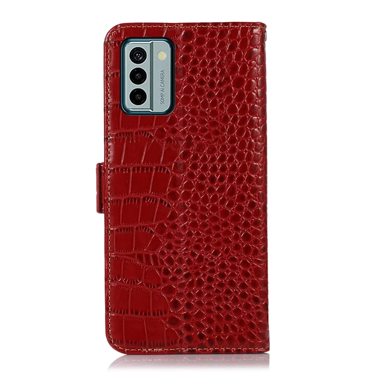 Pour Nokia G22 RFID Blocking Wallet Phone Case Crocodile Texture Genuine Cow Leather Stand Cover - Red