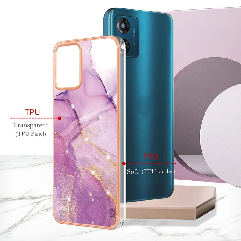 Für Motorola Moto E13 4G YB IMD Serie-2 Marble Pattern Handyhülle Electroplating IMD TPU Abdeckung - Lila 001