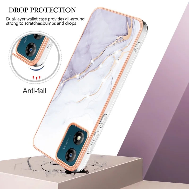 Coque TPU pour Motorola Moto E13 4G avec motif marbre IMD et dos électrodéposé - Blanc 006