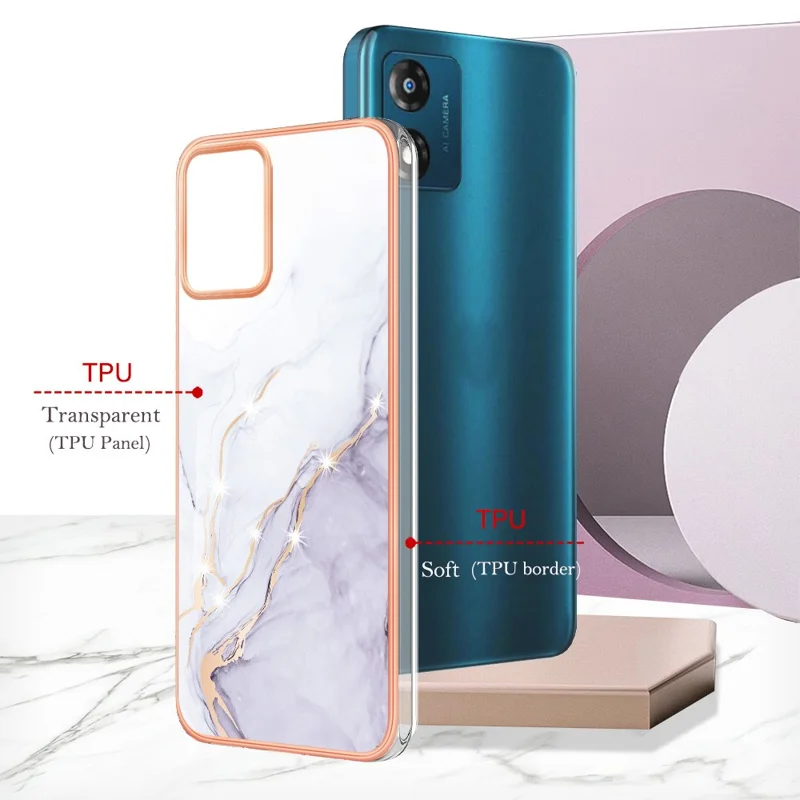 Coque TPU pour Motorola Moto E13 4G avec motif marbre IMD et dos électrodéposé - Blanc 006