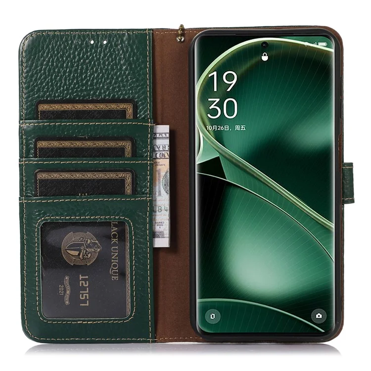 Litchi Texture Cover for Oppo Find X6 , RFID Blocking Phone Wallet Case Genuine Cow Leather Stand Shell - Verde
