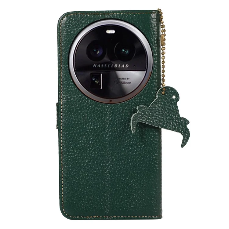 Litchi Texture Cover for Oppo Find X6 , RFID Blocking Phone Wallet Case Genuine Cow Leather Stand Shell - Verde