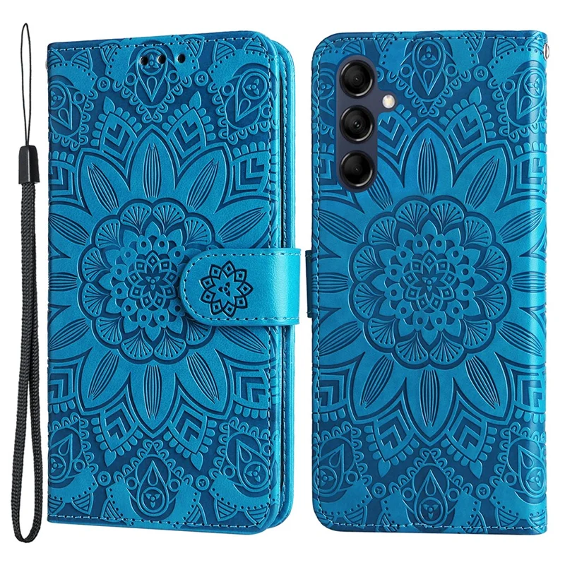 For Samsung Galaxy M14 5G Sunflower Imprinted Phone Wallet Case PU Leather Stand Cover with Strap - Blue
