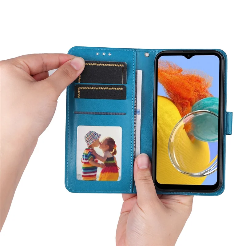 For Samsung Galaxy M14 5G Sunflower Imprinted Phone Wallet Case PU Leather Stand Cover with Strap - Blue