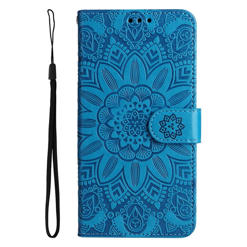For Samsung Galaxy M14 5G Sunflower Imprinted Phone Wallet Case PU Leather Stand Cover with Strap - Blue
