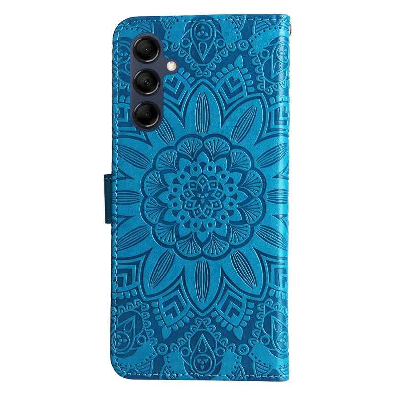 For Samsung Galaxy M14 5G Sunflower Imprinted Phone Wallet Case PU Leather Stand Cover with Strap - Blue