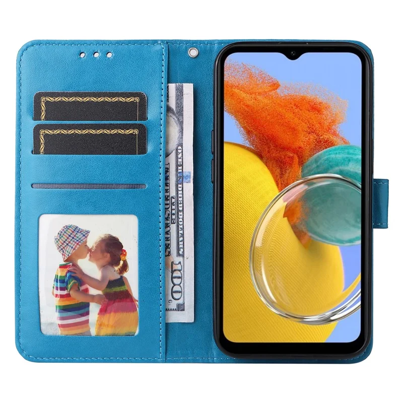 For Samsung Galaxy M14 5G Sunflower Imprinted Phone Wallet Case PU Leather Stand Cover with Strap - Blue