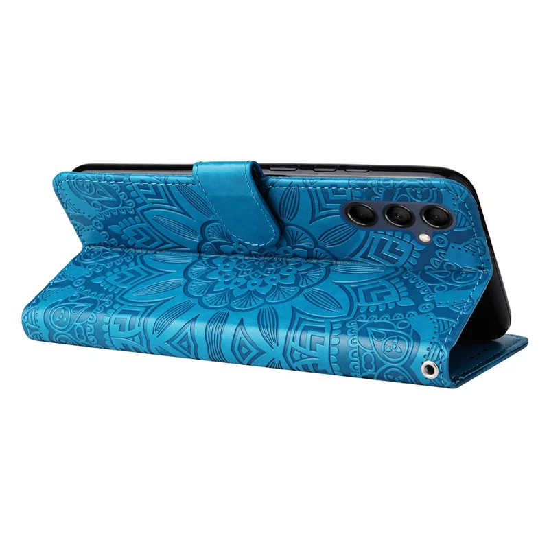 For Samsung Galaxy M14 5G Sunflower Imprinted Phone Wallet Case PU Leather Stand Cover with Strap - Blue