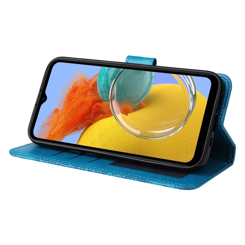 For Samsung Galaxy M14 5G Sunflower Imprinted Phone Wallet Case PU Leather Stand Cover with Strap - Blue