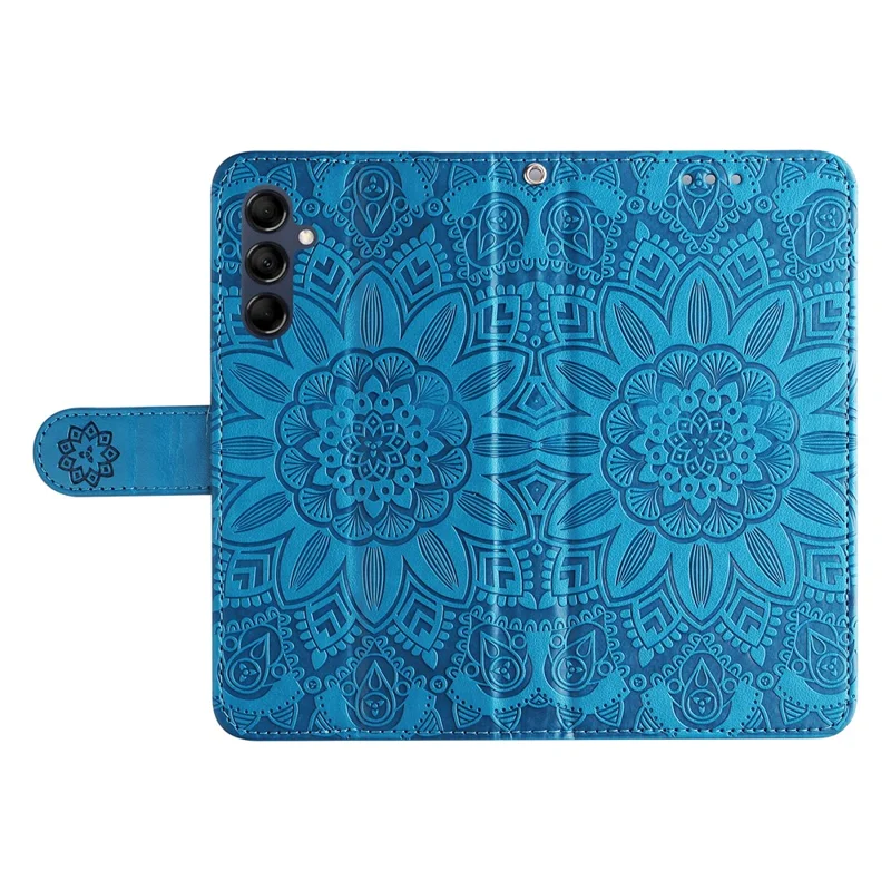 For Samsung Galaxy M14 5G Sunflower Imprinted Phone Wallet Case PU Leather Stand Cover with Strap - Blue