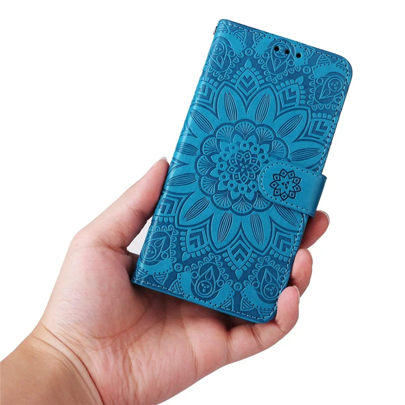 For Samsung Galaxy M14 5G Sunflower Imprinted Phone Wallet Case PU Leather Stand Cover with Strap - Blue