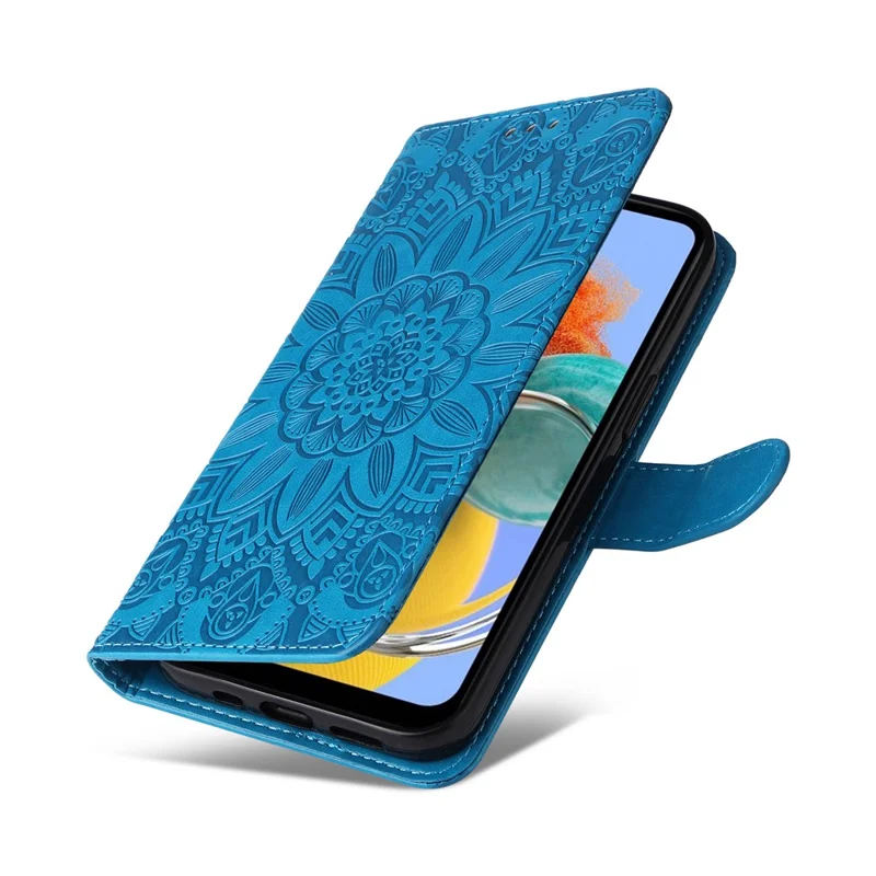 For Samsung Galaxy M14 5G Sunflower Imprinted Phone Wallet Case PU Leather Stand Cover with Strap - Blue