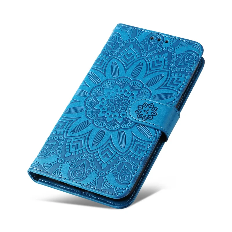 For Samsung Galaxy M14 5G Sunflower Imprinted Phone Wallet Case PU Leather Stand Cover with Strap - Blue