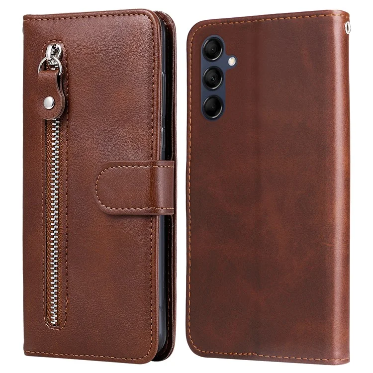 For Samsung Galaxy M14 5G PU Leather Case Zipper Pocket Calf Texture Stand Wallet Phone Cover - Brown