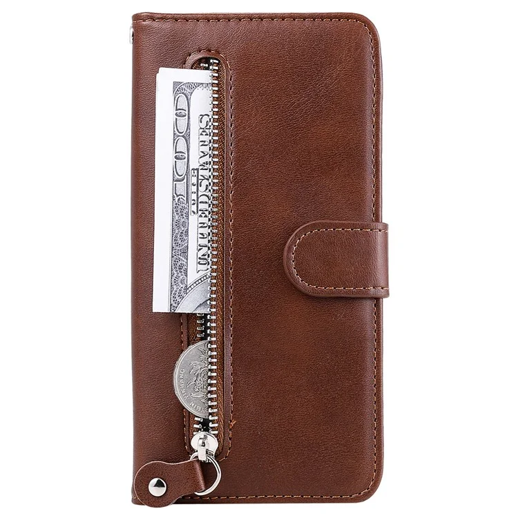 For Samsung Galaxy M14 5G PU Leather Case Zipper Pocket Calf Texture Stand Wallet Phone Cover - Brown