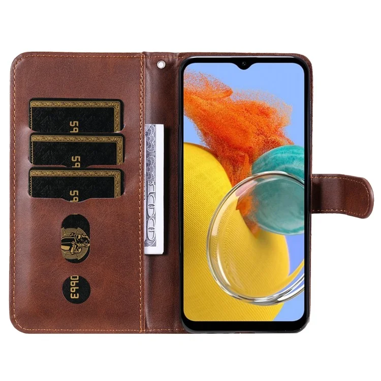 For Samsung Galaxy M14 5G PU Leather Case Zipper Pocket Calf Texture Stand Wallet Phone Cover - Brown