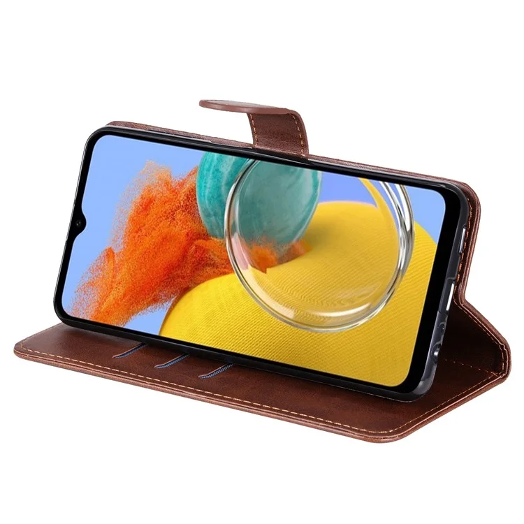 For Samsung Galaxy M14 5G PU Leather Case Zipper Pocket Calf Texture Stand Wallet Phone Cover - Brown