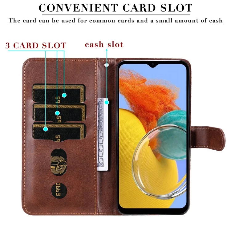 For Samsung Galaxy M14 5G PU Leather Case Zipper Pocket Calf Texture Stand Wallet Phone Cover - Brown