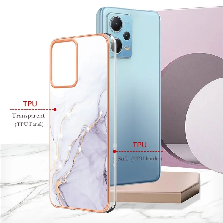 For Xiaomi Poco X5 5G / Redmi Note 12 5G (Global) / (China) / (India) TPU Case with IMD Marble Pattern Electroplated Back Cover - White 006