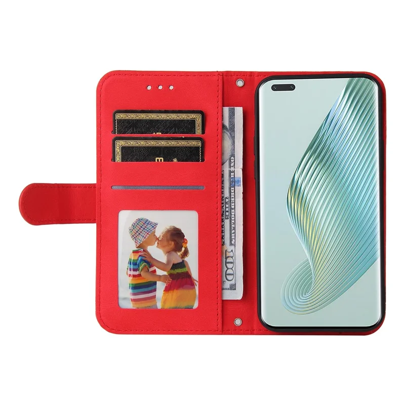 For Honor Magic5 Pro Leather Wallet Cases Skin Touch Phone Cover Stand with Strap - Red