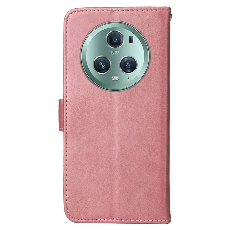 For Honor Magic5 Pro Calf Texture Phone Shell Stand Phone Case Leather Phone Cover with Strap - Rose Gold