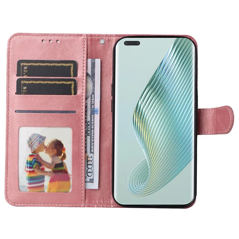 For Honor Magic5 Pro Calf Texture Phone Shell Stand Phone Case Leather Phone Cover with Strap - Rose Gold