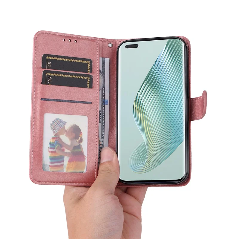 For Honor Magic5 Pro Calf Texture Phone Shell Stand Phone Case Leather Phone Cover with Strap - Rose Gold