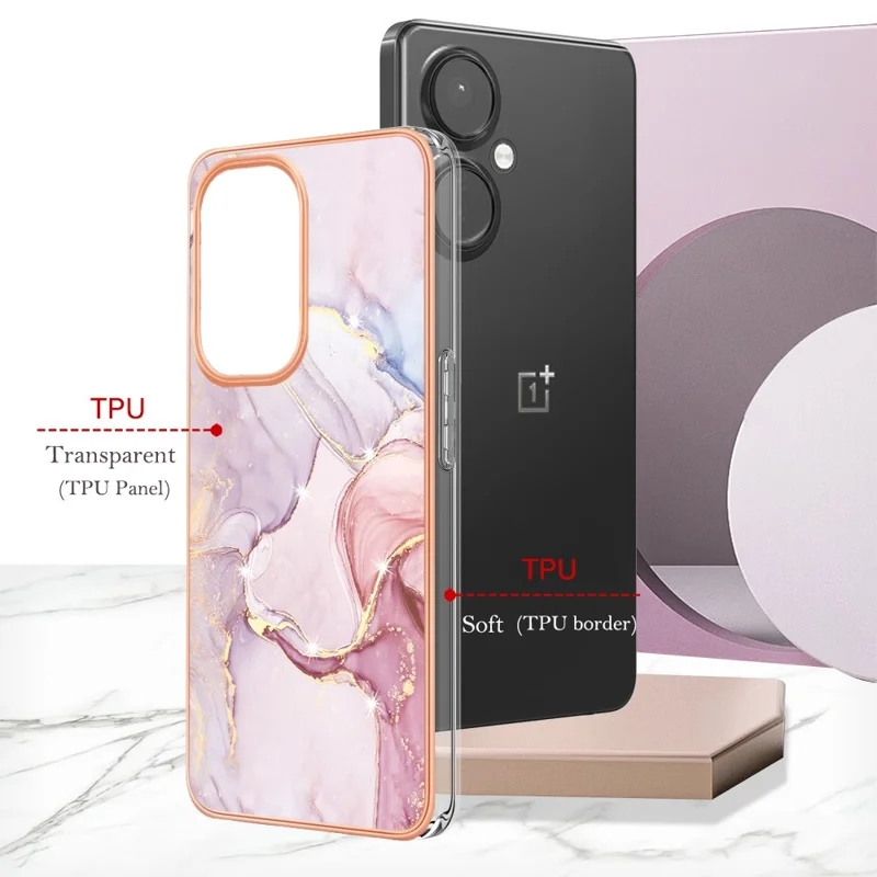 For OnePlus Nord CE 3 Lite 5G / Nord N30 5G TPU Case with IMD Marble Pattern Electroplated Back Cover - Rose Gold 005