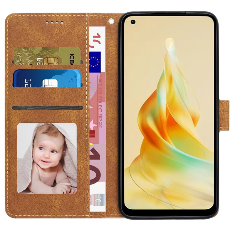 For Oppo Reno8 T 4G Leather Wallet Phone Case Drop-proof Stand Phone Cover with Strap - Brown