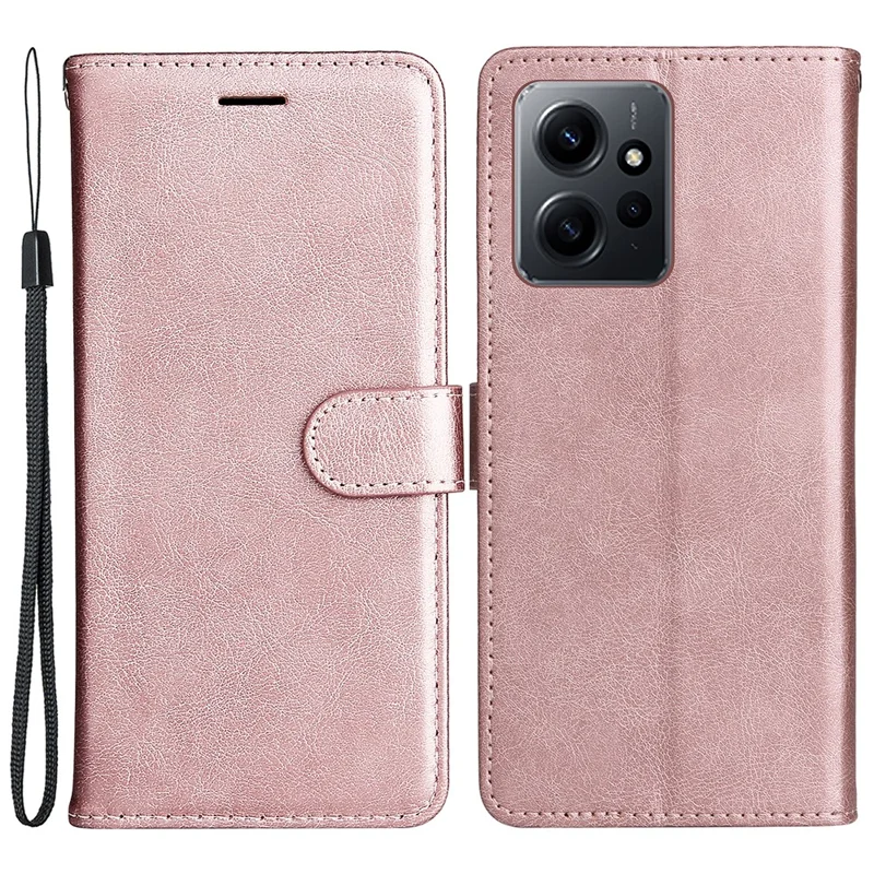 For Xiaomi Redmi Note 12 4G Case Solid Color Leather Mobile Cover Wallet Stand with Strap - Rose Gold