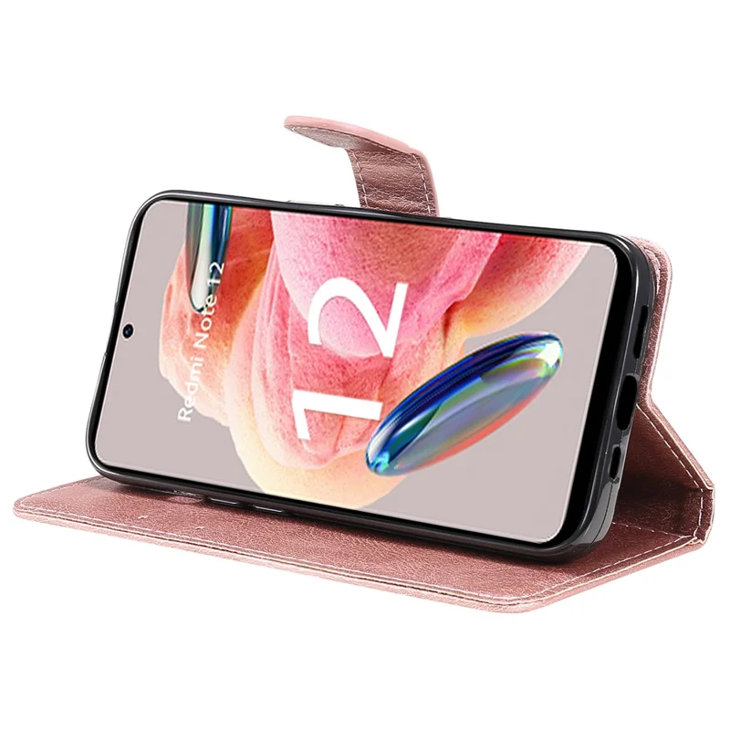 For Xiaomi Redmi Note 12 4G Case Solid Color Leather Mobile Cover Wallet Stand with Strap - Rose Gold
