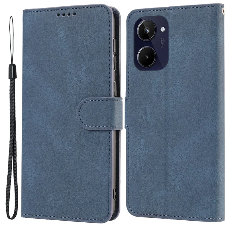Stand Wallet Cover for Realme 10 4G Drop Resistant PU Leather Phone Case with Strap - Blue