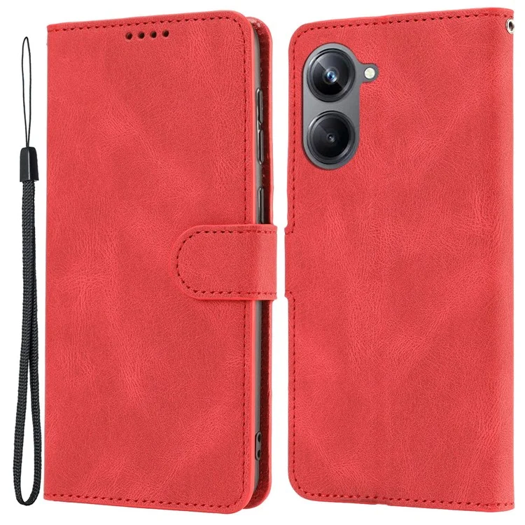 For Realme 10 Pro 5G Wallet Phone Case Anti-Drop Leather Phone Cover with Strap - Red