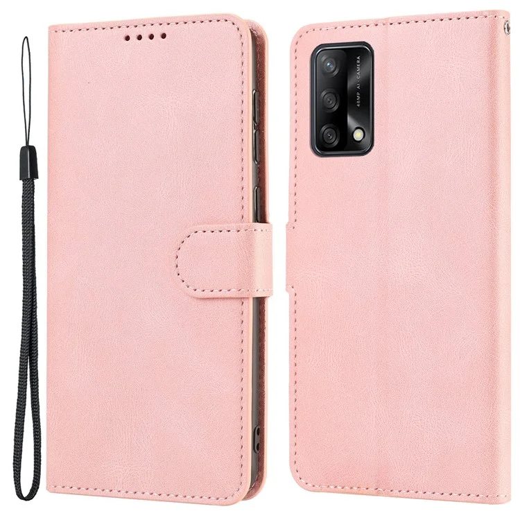 Pour Oppo A74 4G / F19 Coque de protection Portefeuille Coque de téléphone Anti-chute Couverture en cuir du téléphone avec dragonne - Rose