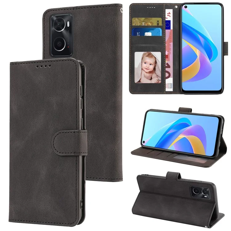 For Oppo A36 / A76 / A96 4G / Realme 9i 4G Leather Phone Case Wallet Stand Flip Phone Cover - Black
