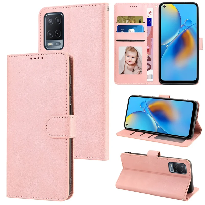 Funda para teléfono Oppo A54 4G / A54s / A55 / A55 5G / A55s 5G / A16 / A16s / A53s 5G / A56 5G - Piel sintética con función de soporte y billetera - Rosa