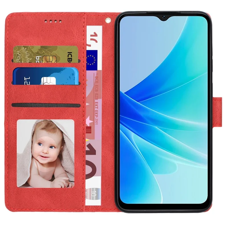 PU Leather Case for Oppo A57 4G / A77 4G / A57s 4G / A57e 4G / A77s 4G / OnePlus Nord N20 SE 4G , Wallet Stand Flip Phone Cover - Red