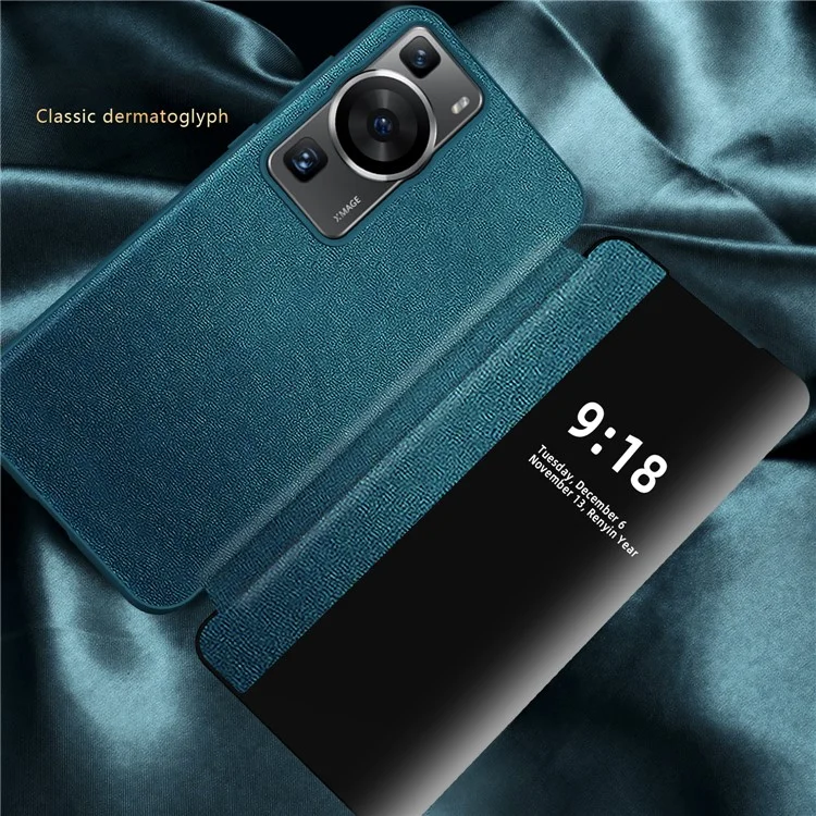 Para Huawei P60 Funda Anti-Caída Vista de Ventana Cuero PU Flip Cover Funda de Teléfono TPU Acrílico - Azul