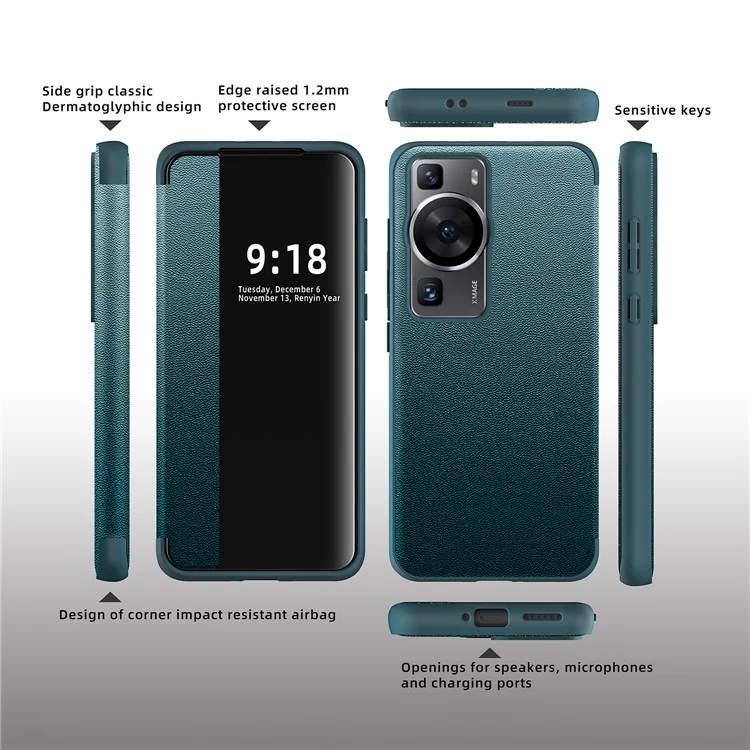 Para Huawei P60 Funda Anti-Caída Vista de Ventana Cuero PU Flip Cover Funda de Teléfono TPU Acrílico - Azul