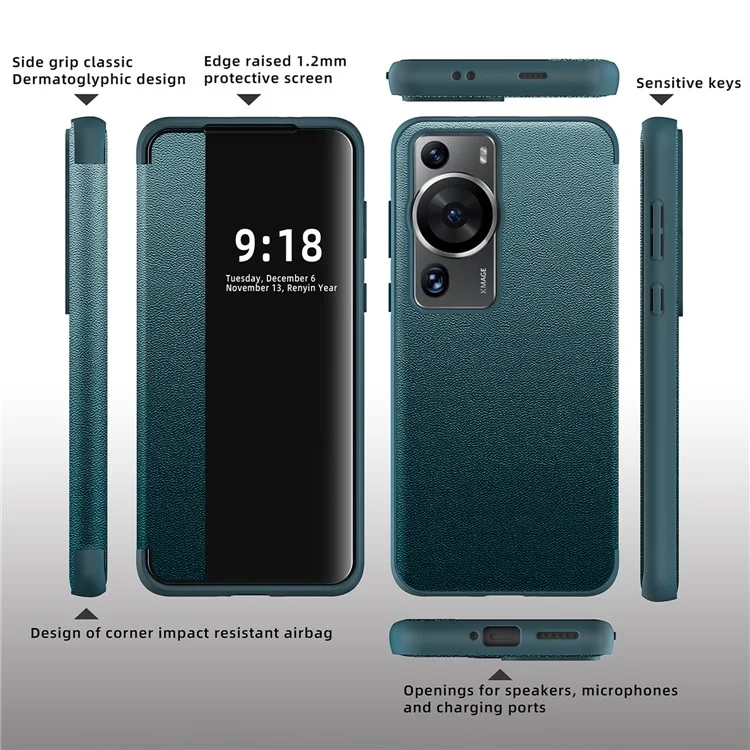 Anti-Fall Phone Case for Huawei P60 Pro View Window Flip Cover PU Leather TPU Acrylic Phone Protector - Blue