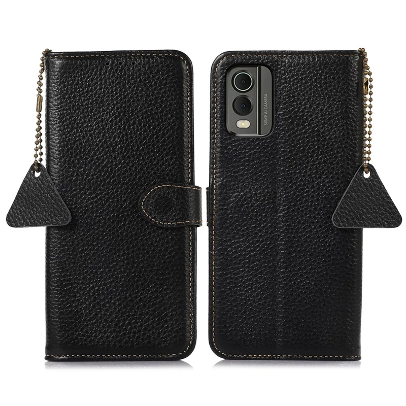 Para Nokia C32 RFID Blocking Phone Wallet Case Genuine Cow Leather Stand Cover - Preto