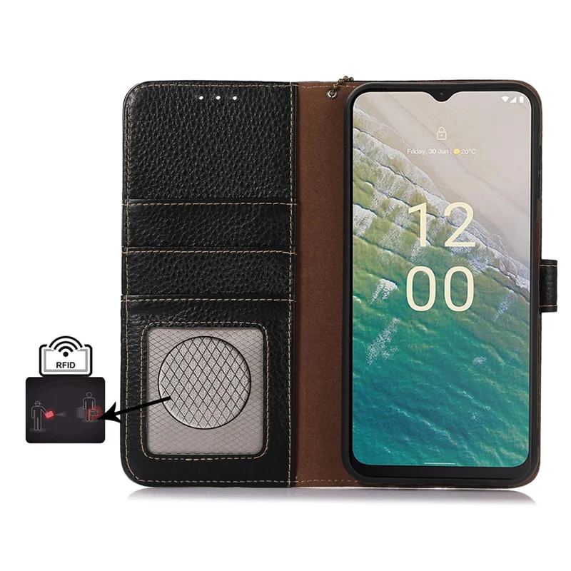 Para Nokia C32 RFID Blocking Phone Wallet Case Genuine Cow Leather Stand Cover - Preto