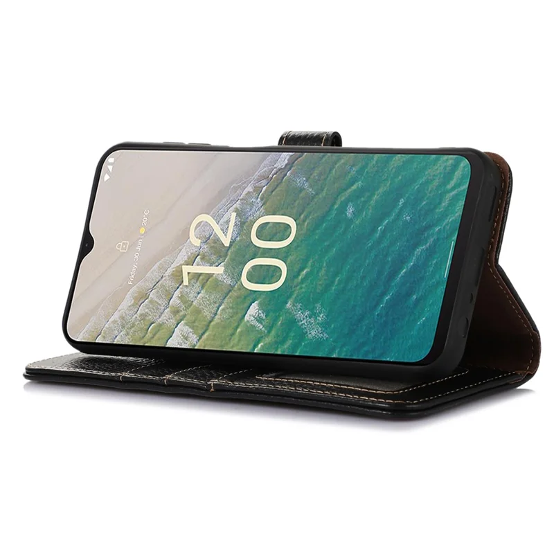 Para Nokia C32 RFID Blocking Phone Wallet Case Genuine Cow Leather Stand Cover - Preto